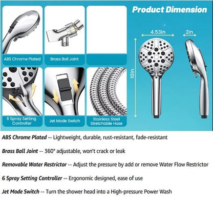 High Pressure Shower Head Set - Adjustable Detachable Water Saving Spa Nozzle